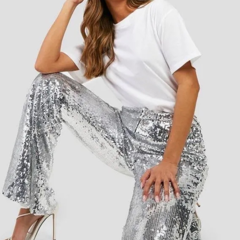 Glamorous Silver Sequin Flare Pants